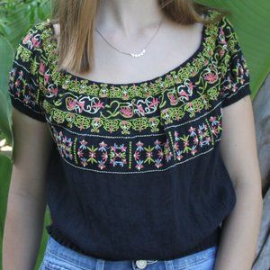 Black Embroidered Off Shoulder Peasant Top